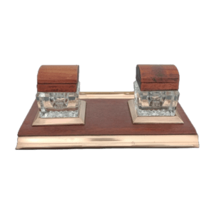 encrier double réservoirs en bois et laiton