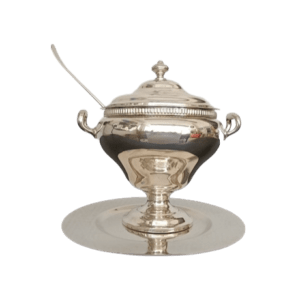 soupière sur présentoir en métal argenté