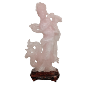 sculpture dame chinoise en quartz rose sculpté sur socle bois h.32,5cm