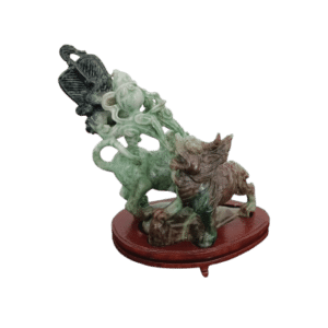sculpture en pierre dure vert céladon opaque qilin & gourde de longévité