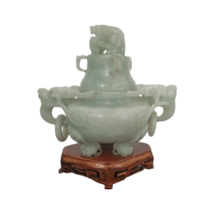 brûle parfum tripode chinois couvert en pierre céladon sculptée sur socle bois